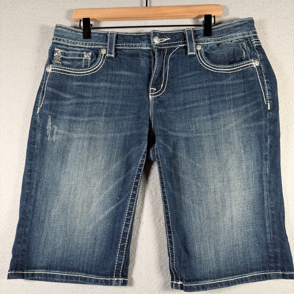 Miss Me Easy Bermuda Denim Shorts Dark Wash Embellished Rhinestone Size 32